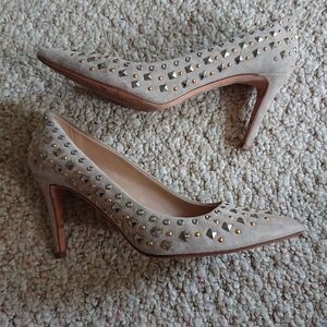 J. Crew Taupe suede silver & gold studded heels size 6